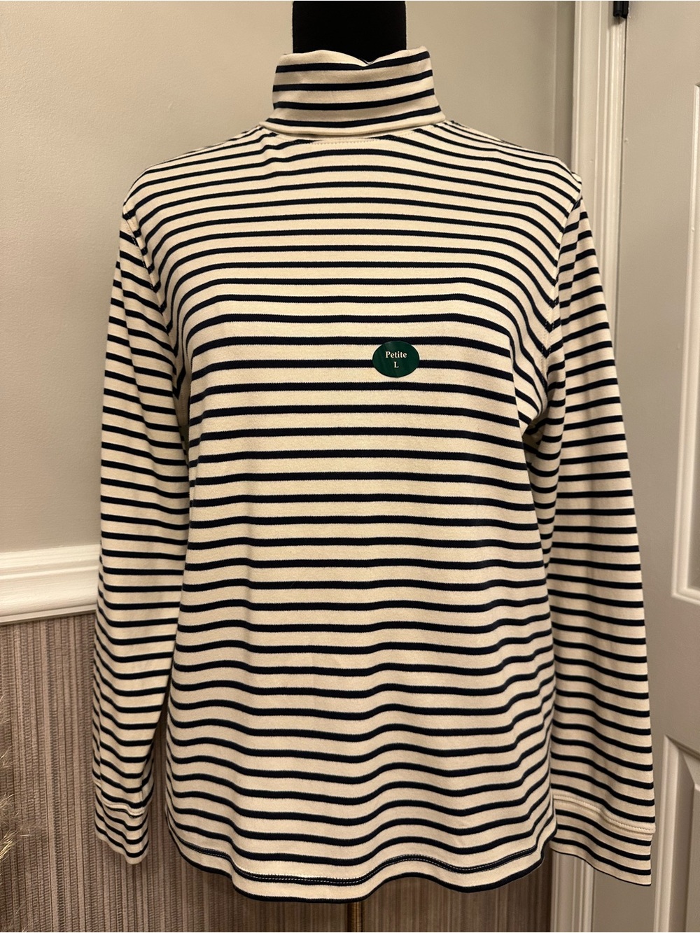 NWT L.L.Bean Petite Large Black Cream Striped Cotton Turtleneck Top